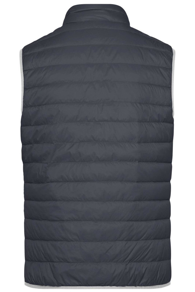 A dark grey men's down vest, featuring a puffy design and a high collar. The back view showcases the quilted texture.