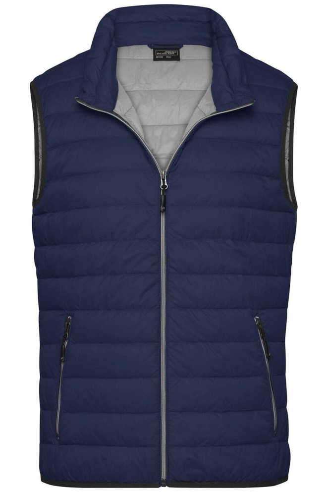 A men's down vest in navy blue with a grey interior and side zip pockets, featuring a logo on the chest.