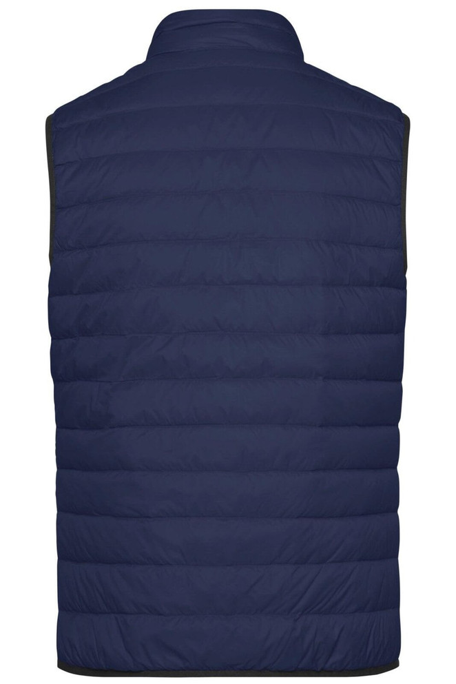 A navy mens down vest with a quilted design and a high neckline, featuring a logo on the back.