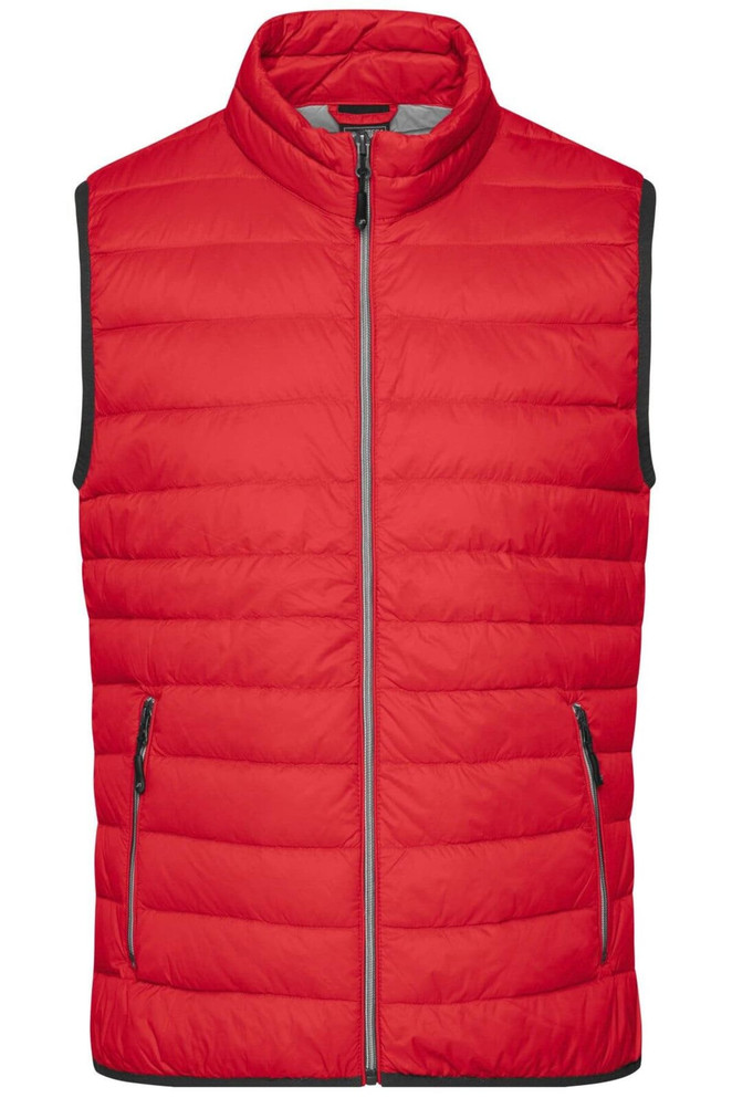 A red men's down vest with a zip-front and two side pockets, featuring a logo on the chest.