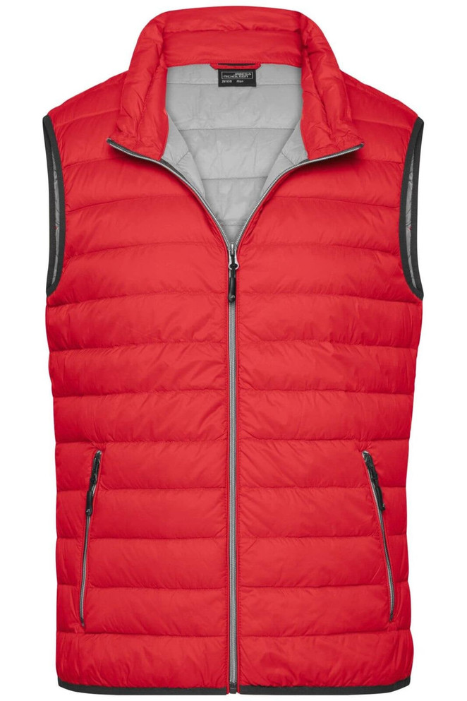 A red men's down vest featuring a zip front and two side pockets, with a grey inner lining. It has a logo on the chest.