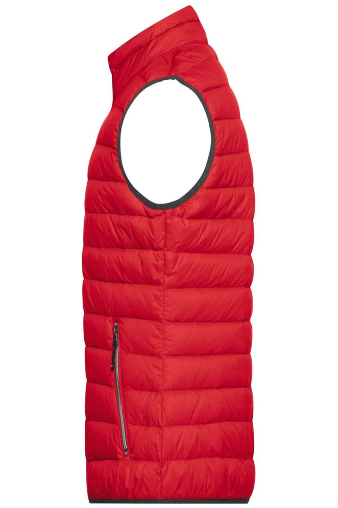 A red men's down vest with a side zipper, featuring a lightweight, padded design and no sleeves.
