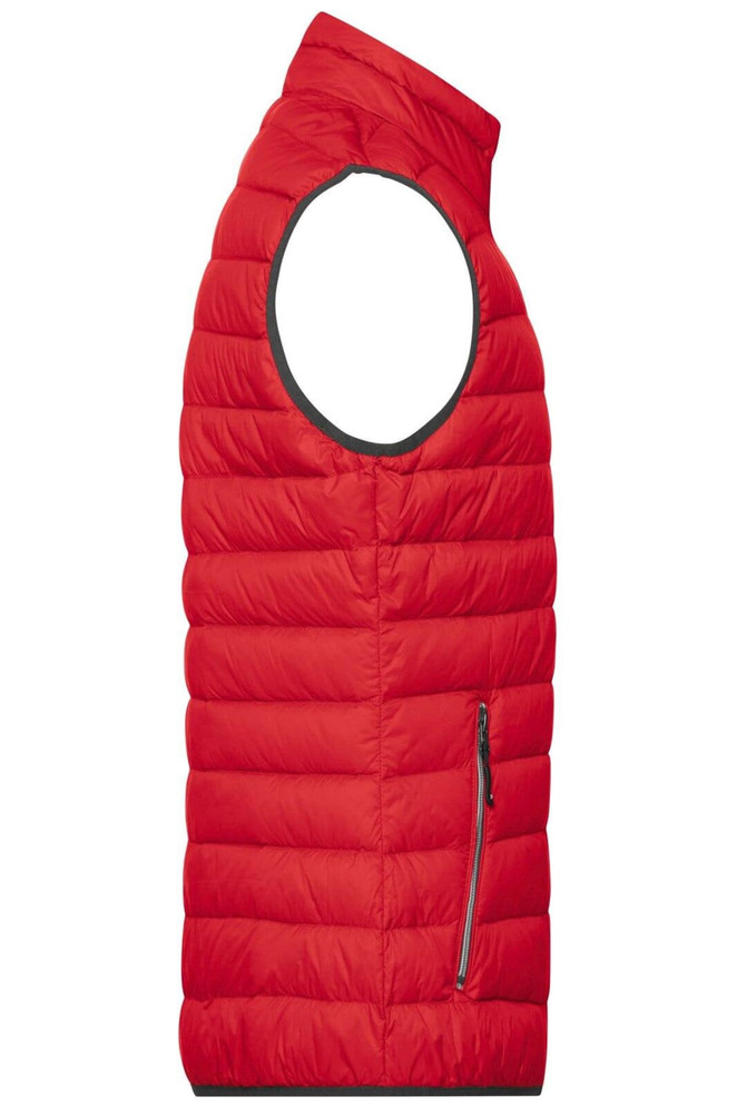 A red men's down vest featuring a high collar, zippered pocket, and a sleeveless design. It has a logo on it.