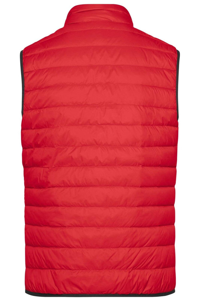 A red men's down vest with a quilted design, featuring a black trim and no sleeves.