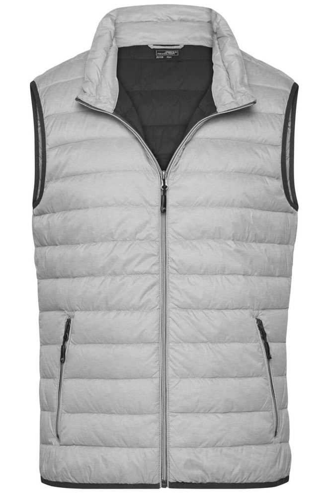 A grey men's down vest with a zip front and side pockets, featuring a simple black branding logo.