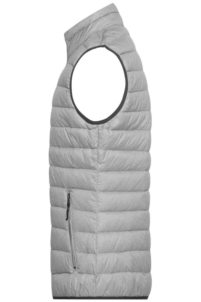 A grey men's down vest with a sleeveless design and a zipper pocket on the side. It features a subtle logo.