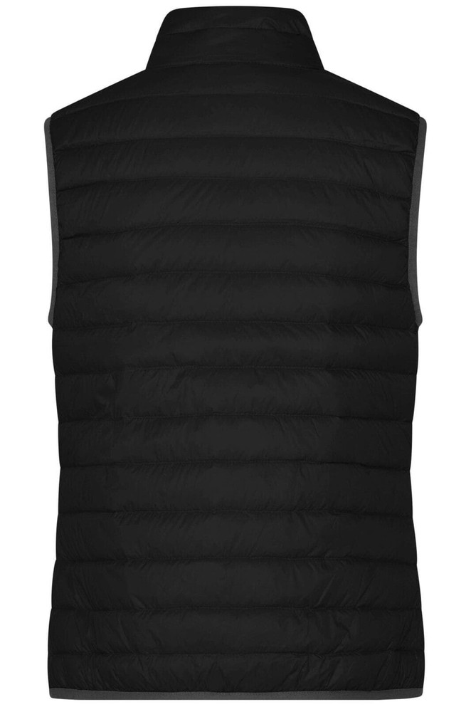 A black down vest with a quilted texture and a high collar, featuring a logo on the back.