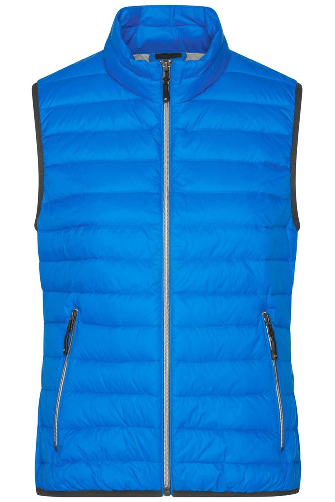 A bright blue ladies down vest with a quilted design, featuring a high collar and zippered front pockets.
