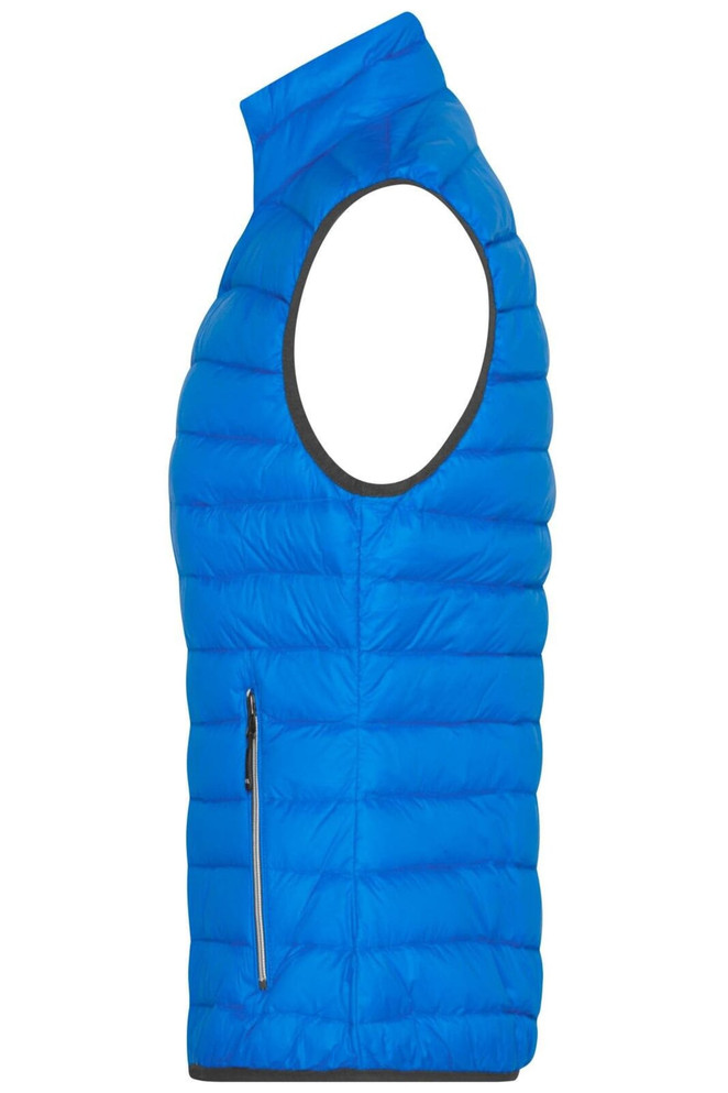 A blue ladies down vest with a sleeveless design and a zippered side pocket.