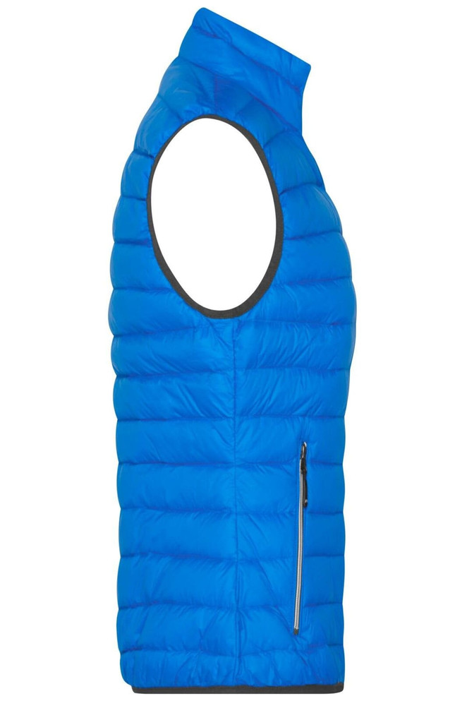 A blue down vest with a high collar and a zippered side pocket, featuring a sleek design.