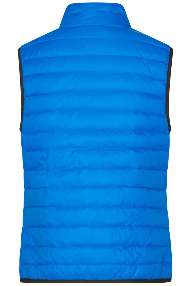 A bright blue down vest with a quilted design and a high collar. It features a contrasting black trim and has a logo.
