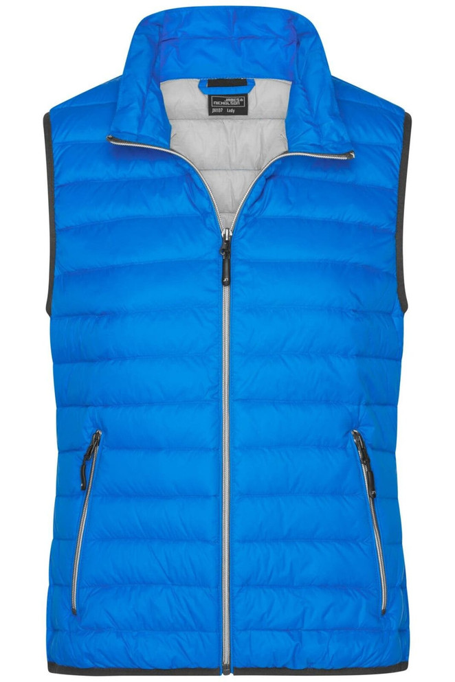 A bright blue down vest with a zip front, featuring side pockets and a contrasting grey interior, along with branding.