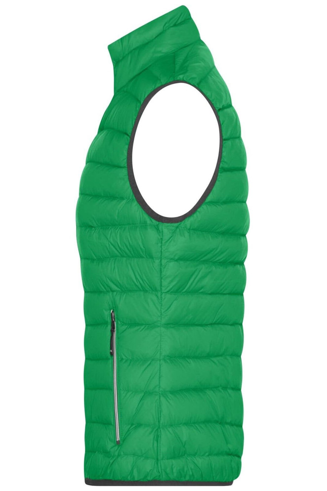 A green ladies down vest with a sleeveless design and a side pocket. It features a logo on the design.