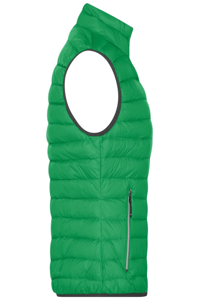 A green ladies down vest with a high collar and one side zip pocket, featuring a puffy quilted design.