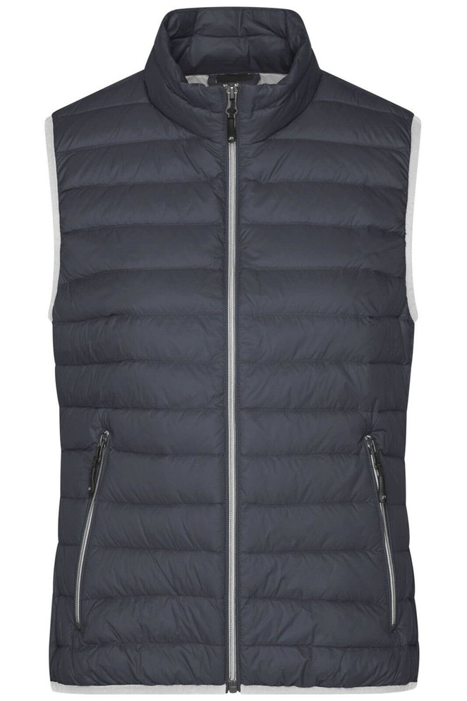 A ladies' down vest in dark grey with a zip front and two side pockets, featuring a logo.