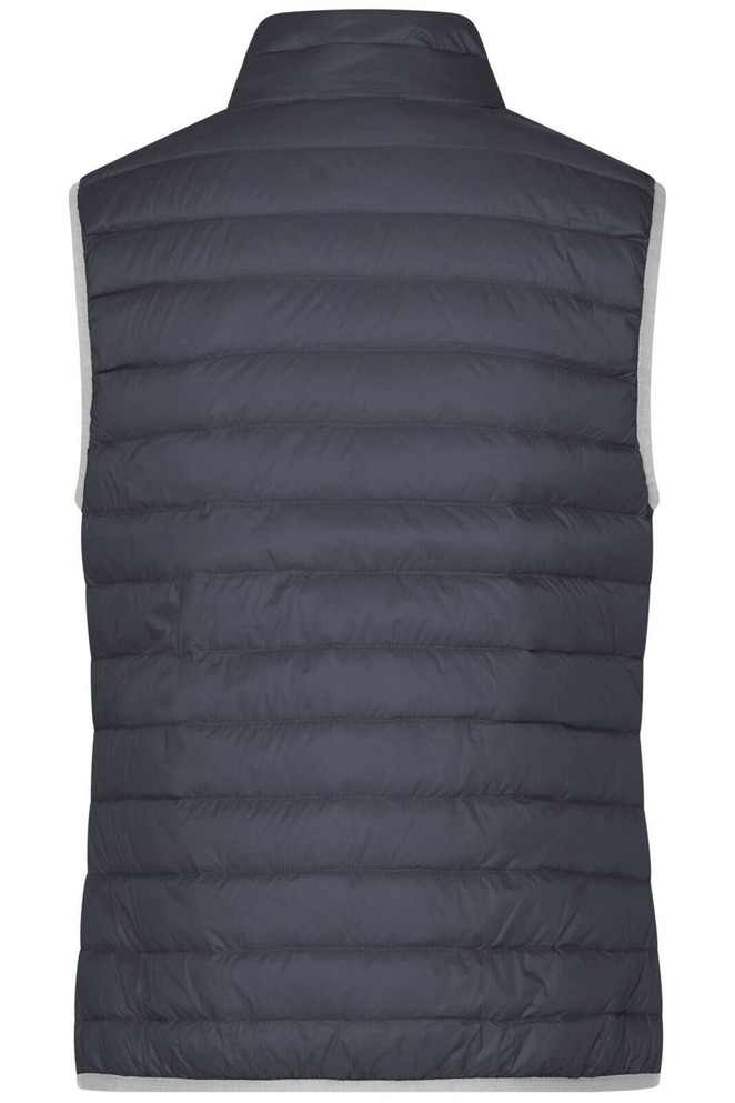 A navy ladies down vest with a quilted design and a high collar, featuring a grey inner lining.
