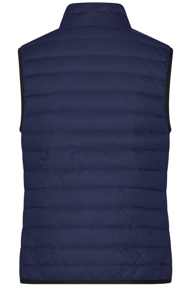 A navy blue ladies' down vest with a sleeveless design and a quilted pattern on the back. It has a logo.