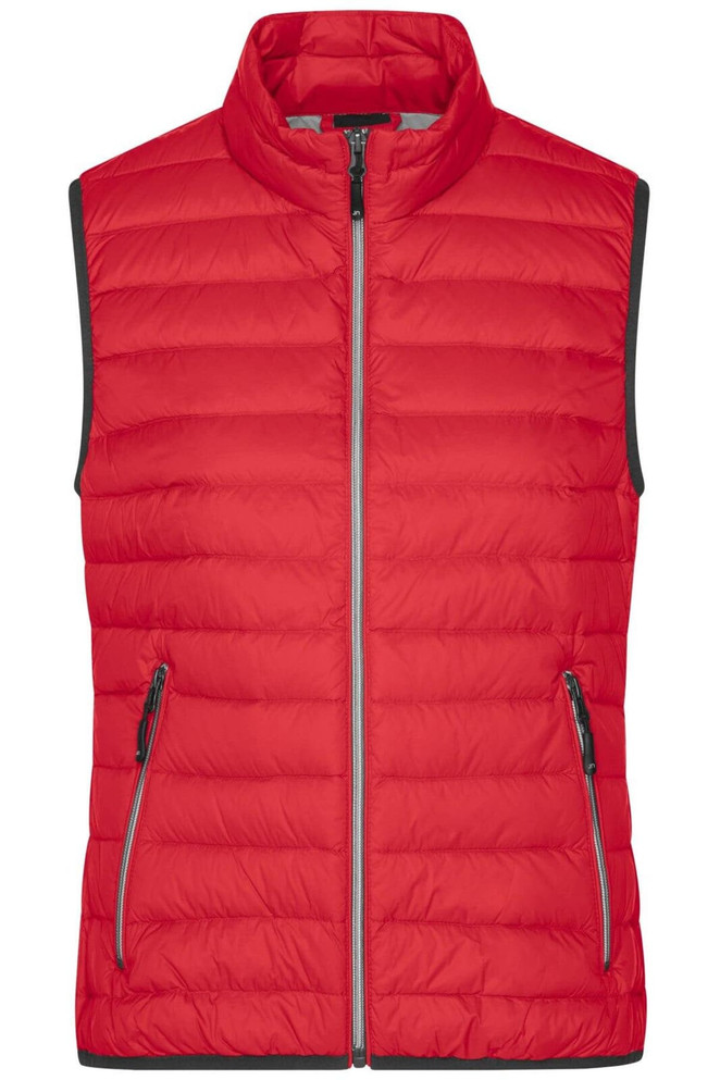 A red ladies down vest featuring a zip front, stand-up collar, and side pockets with grey detailing.