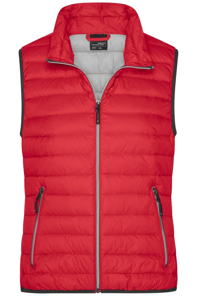 A red ladies down vest with a zip front and two side pockets, featuring a grey interior and a logo on the chest.