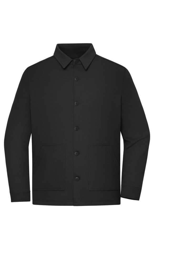 A black unisex shirt jacket featuring a collared neckline, button front, and two side pockets.