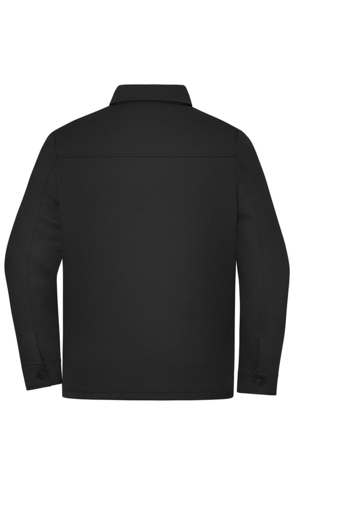 A black unisex shirt jacket with a collared neckline and button detailing at the cuffs. It features a plain back view.