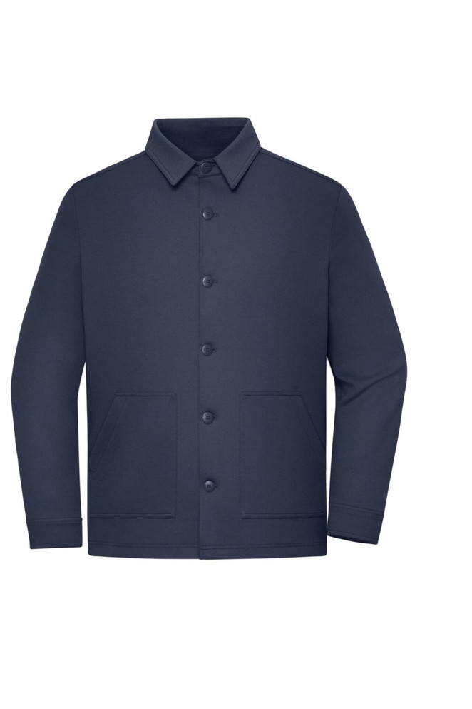 A unisex navy shirt jacket with a button-up front and two front pockets. It features a collar and has a logo.