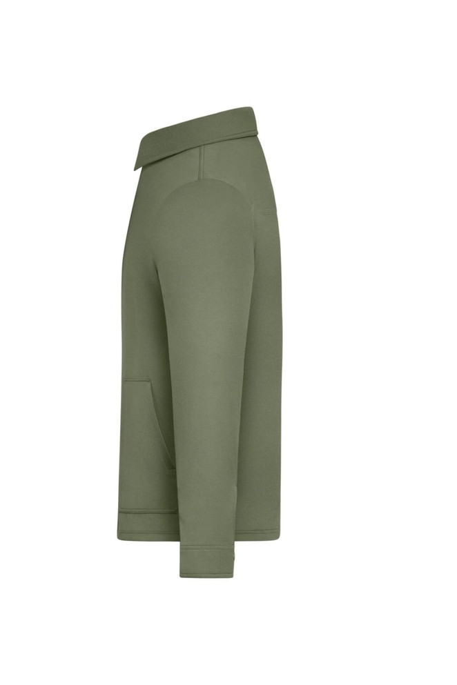 A unisex shirt jacket in olive green, featuring a collar and side pocket. It has a simple logo on the fabric.