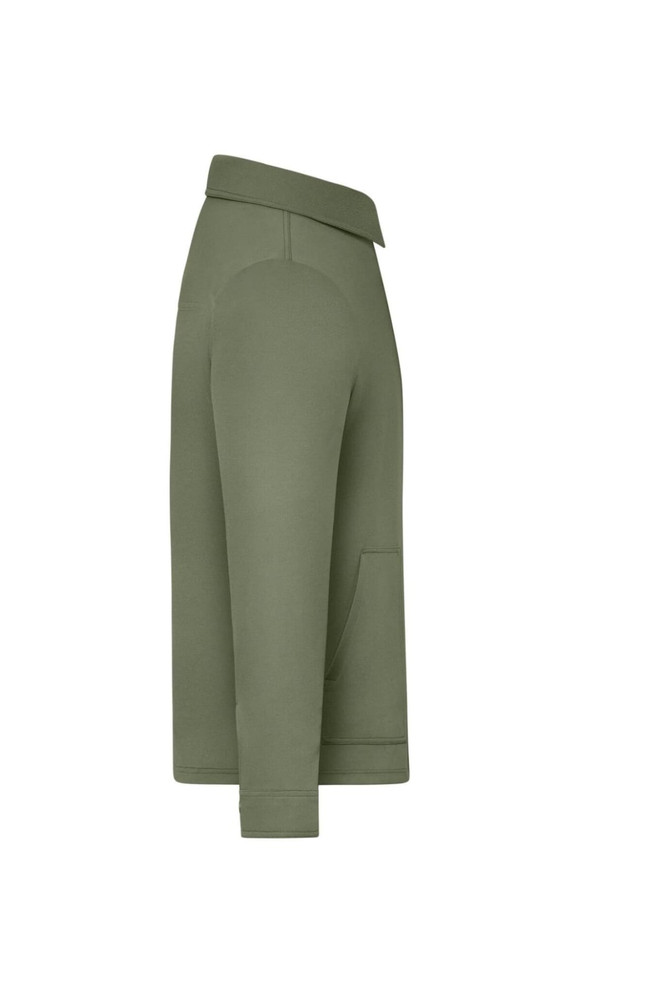 A green unisex shirt jacket featuring a collar and side pocket. It has a simple design and a logo on it.