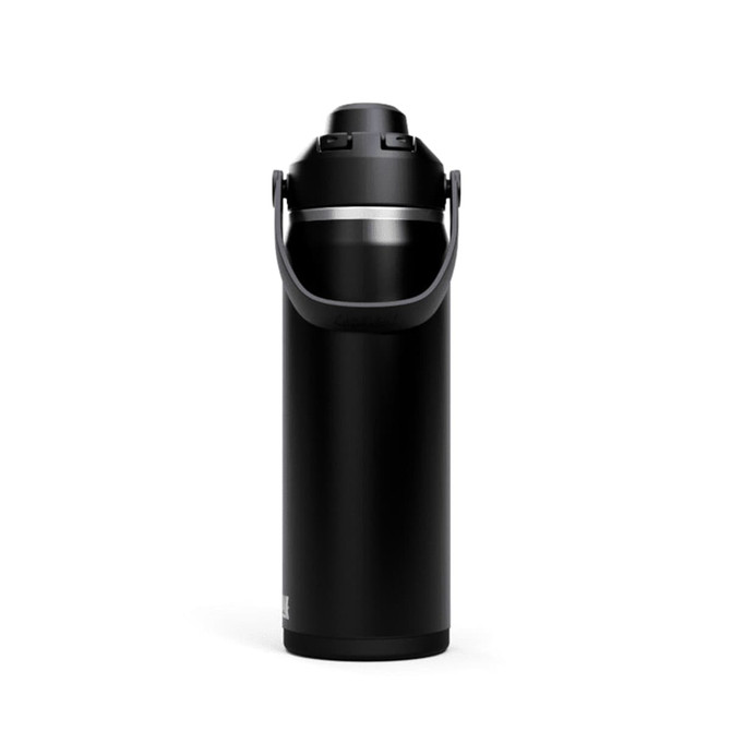 A drink bottle in black with a silver band and a handle, featuring a secure lid and a logo.