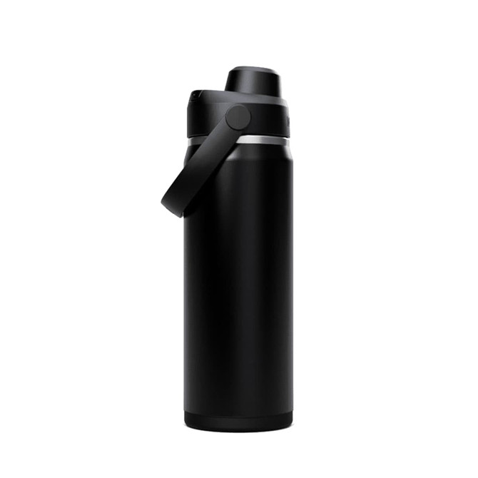 A drink bottle in matte black with a flip-top lid and handle, featuring a sleek design and branding.