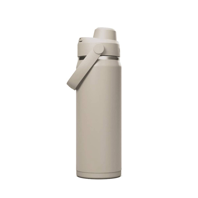 A drink bottle in a matte light beige hue, featuring a handle and a screw-on lid, with a logo.