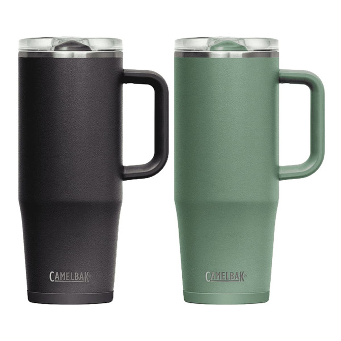 A drink bottle set featuring a black and a green mug with a handle. Each has a lid and branding visible.
