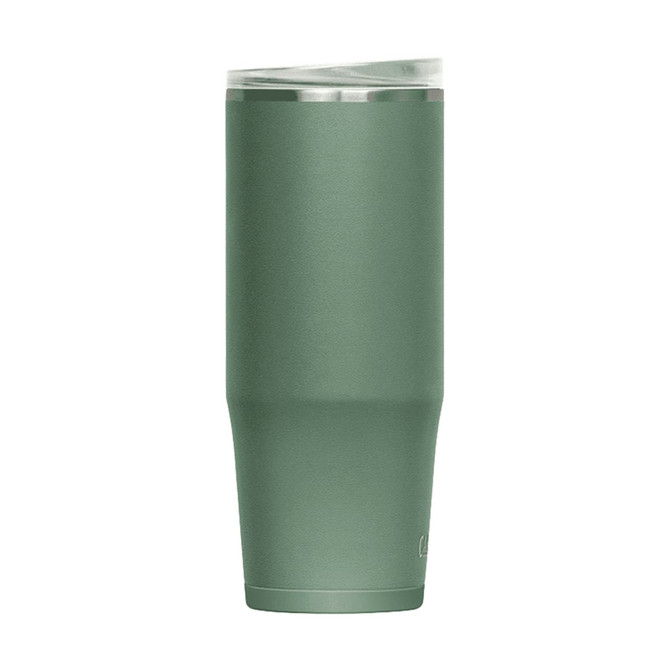 A drink bottle in a matte green finish with a clear lid and a sleek, modern design. It features a logo on the side.