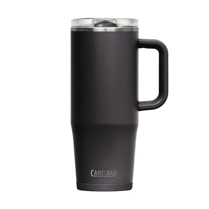 A drink bottle in matte black with a handle and a clear, transparent lid, featuring a logo.