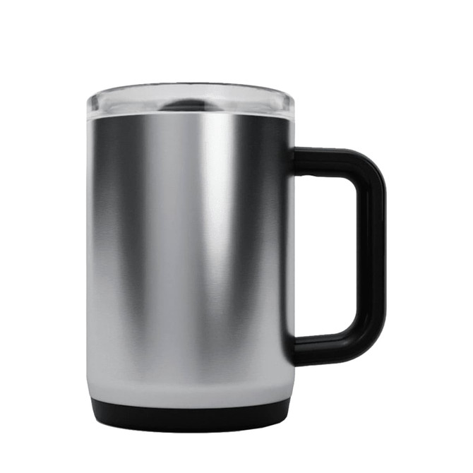 A drink bottle with a stainless steel body, a black handle, and a transparent lid.