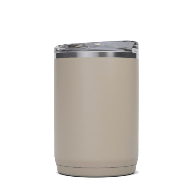 A drink bottle in a light brown hue, featuring a transparent lid and a sleek design, with a logo on the side.