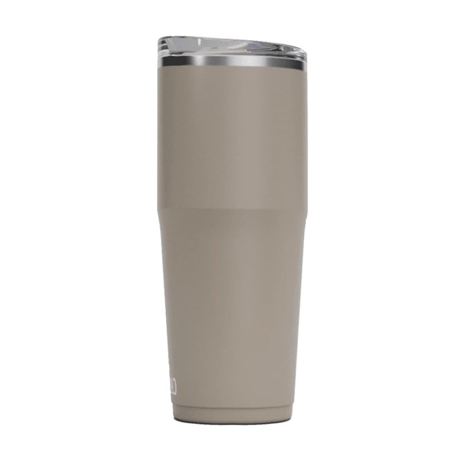 A drink bottle in a muted beige colour with a stainless steel lid and a logo on the side.