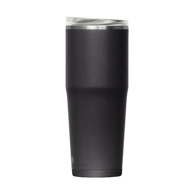 A drink bottle in matte black with a clear lid, featuring a sleek, tapered design and a logo.