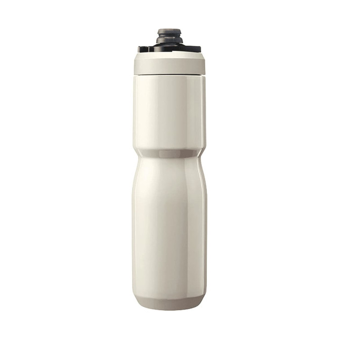 A drink bottle in a light cream colour with a sleek, insulated design and a black cap. It features a brand logo.