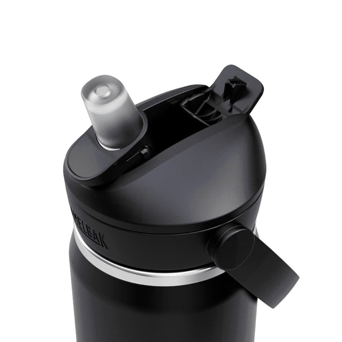 A drink bottle with a black finish, featuring a flip straw lid and a logo.