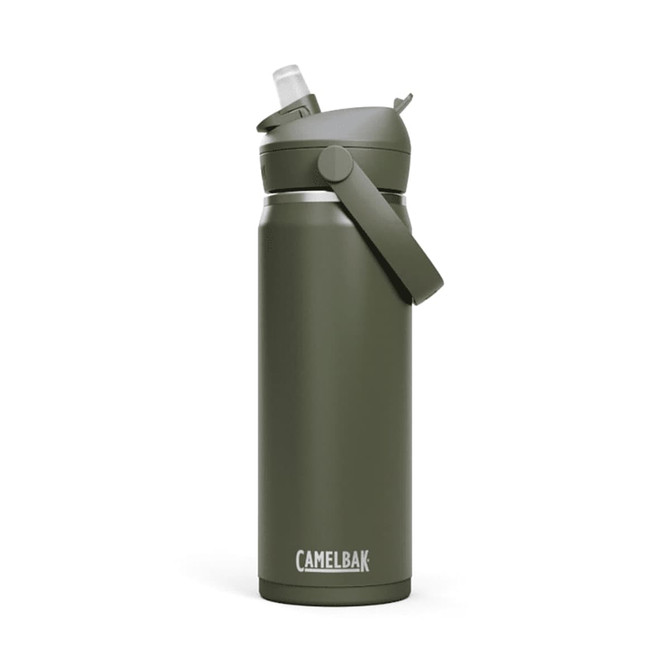 A drink bottle in olive green with a flip straw and a removable lid, featuring a logo at the base.