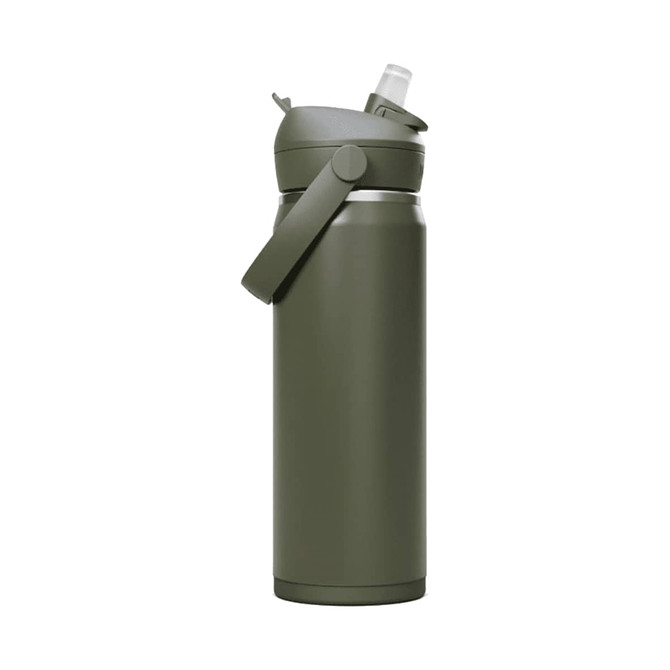A drink bottle in olive green with a flip straw lid and carry handle, featuring a logo.