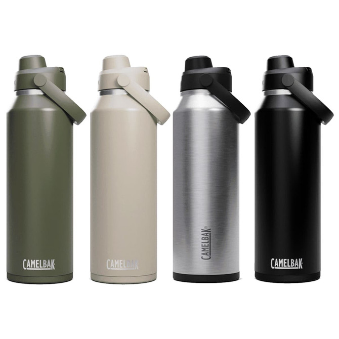 A drink bottle featuring four variations: olive green, beige, stainless steel, and black, each with a logo.