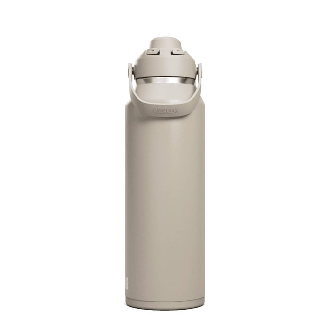 A drink bottle in a light beige colour with a metal lid and carrying handle, featuring a logo.