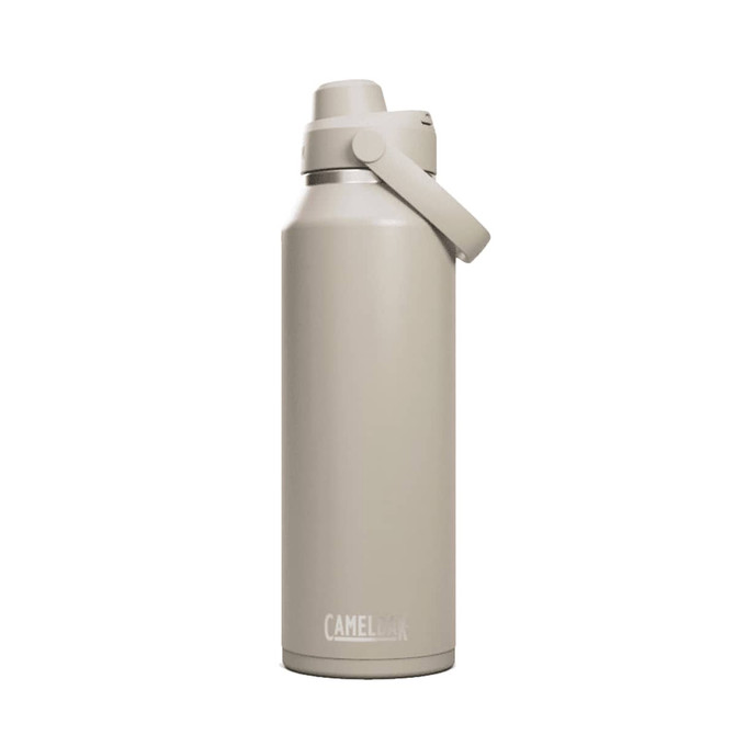 A drink bottle in a muted beige colour with a secure flip-top lid and a brand logo on the side.