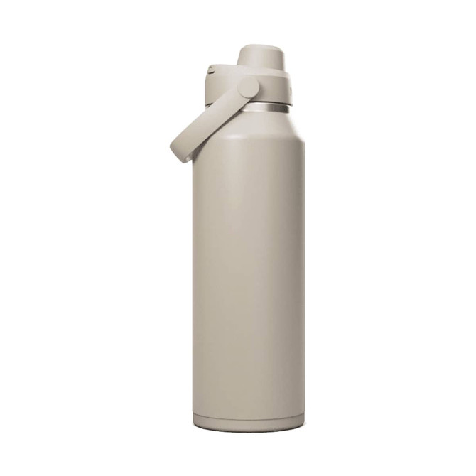 A drink bottle in a light beige colour with a flip-top lid and a side handle, featuring a logo.
