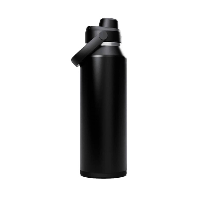 A drink bottle in matte black finish with a wide mouth and a handle, featuring a logo on the body.