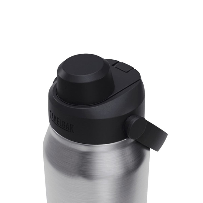 A drink bottle with a stainless steel body and a black, secure lid featuring a spout and lever. It has a logo.