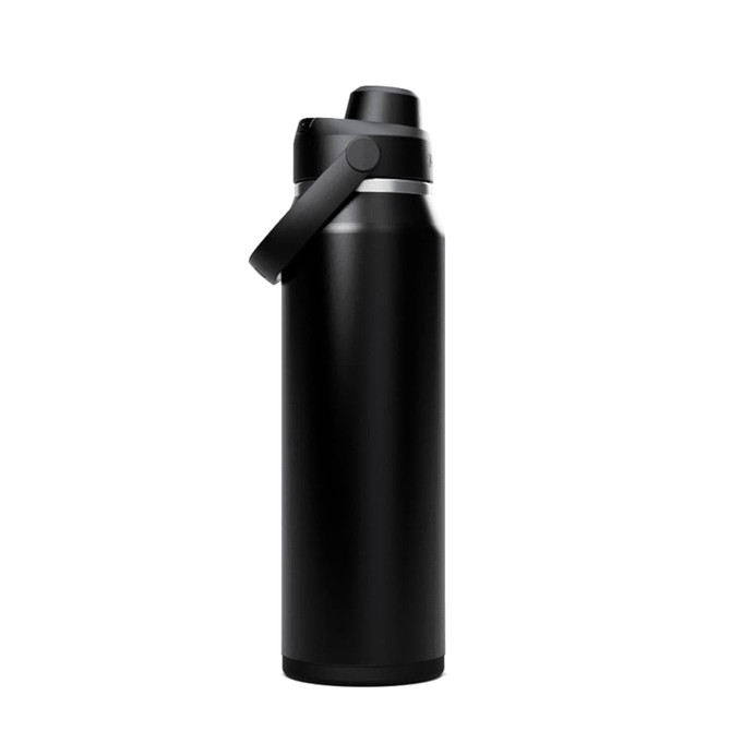 A drink bottle in black, featuring a wide mouth and a carry handle, with a logo on the side.