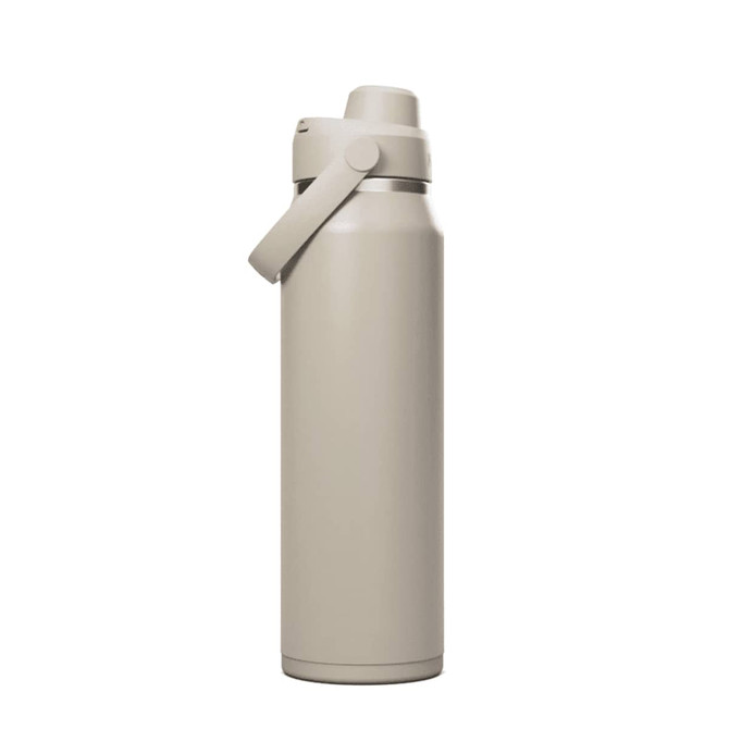 A drink bottle in a light grey colour with a secure lid and a side handle, featuring a logo.
